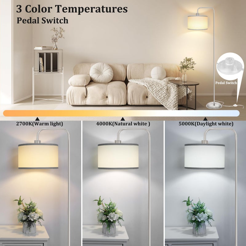 PARTPHONER [Upgraded] LED Floor Lamp for Living Room, 3 Color Temperature Floor Lamp with Foot Switch Modern Standing Lamp Tall Pole Floor Reading Lamp for Bedroom Study Room, Bulb Included Silver (One Shade) - Image 2